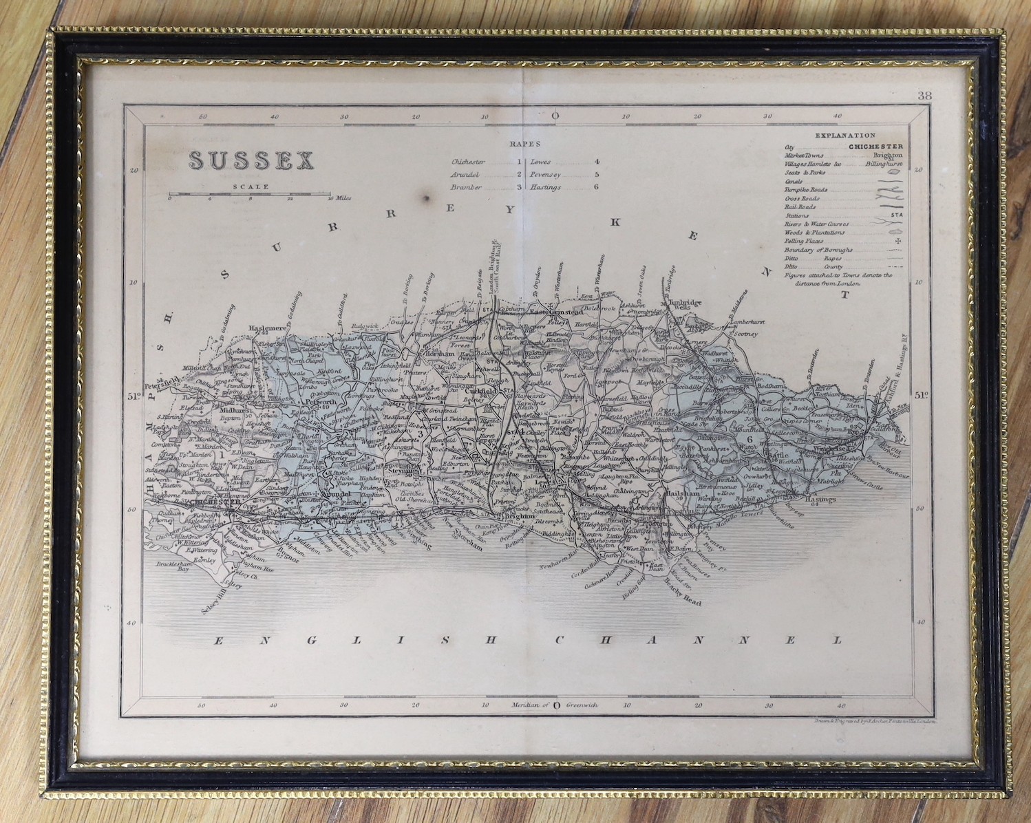 Draughtsman's sets of tools and a map of Sussex